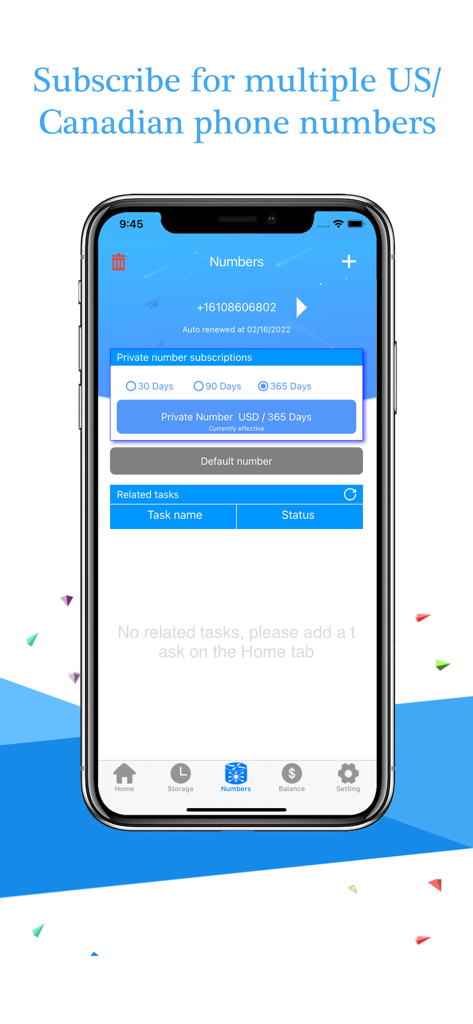 AutoSender Pro - Auto Texting - Interfaz de la aplicación AutoSender Pro para suscribirse a múltiples números de teléfono privados de EE. UU. y Canadá