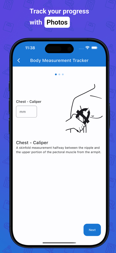 Body Measurement & BMI Tracker - Body Measurement Tracker app screen showing instructions for chest skinfold measurement using calipers