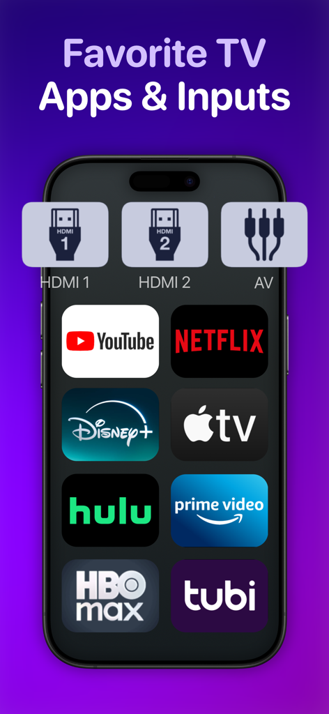 TV Remote Control “Universo” - Ecrã de um smartphone exibindo atalhos para aplicações populares de streaming e entradas de TV.