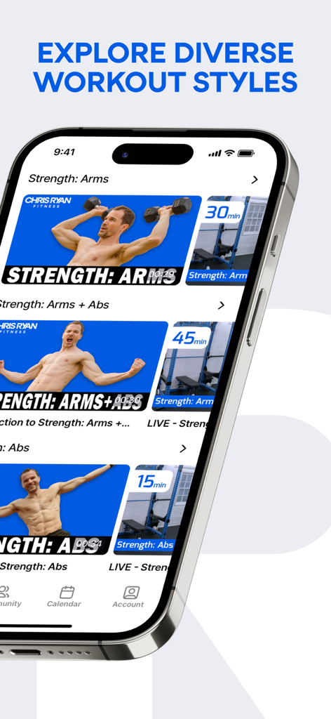 Chris Ryan Fitness: Home & Gym - Chris Ryan Fitness app interface showing diverse workout styles including strength training for arms and abs