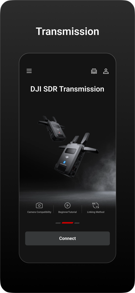 DJI Ronin - DJI Ronin app screen showing SDR Transmission setup and connection options