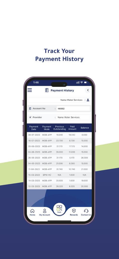 ONEIC Pay - Mobile app screen showing payment history for Nama Water Services