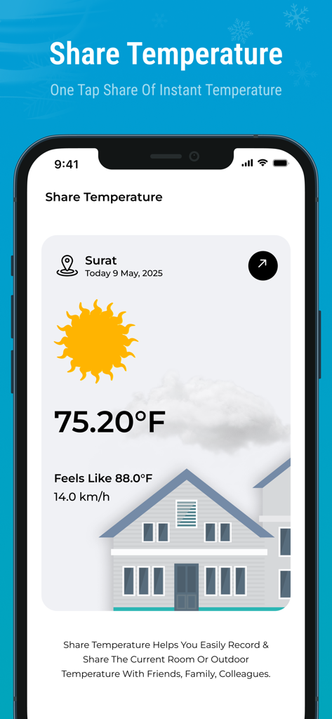 App Termometro Interno che visualizza una scheda di temperatura condivisibile con il meteo locale e un'illustrazione della casa