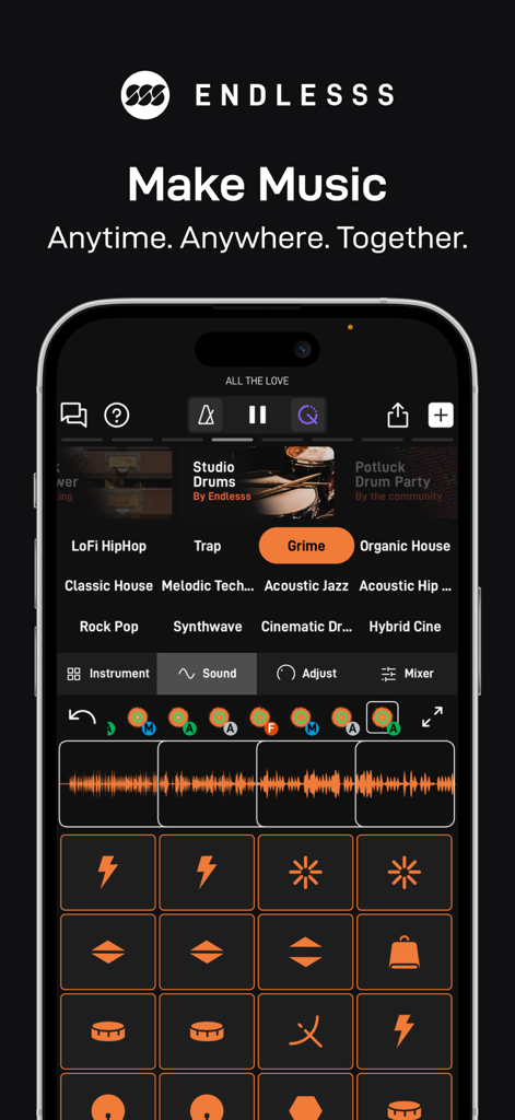 Endlesss - Multiplayer Music - Interface of Endlesss app showing mobile music production tools and collaborative jam features