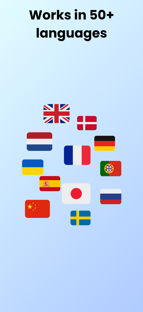 Scribvet app screen displaying support for over 50 languages with a collection of international flags