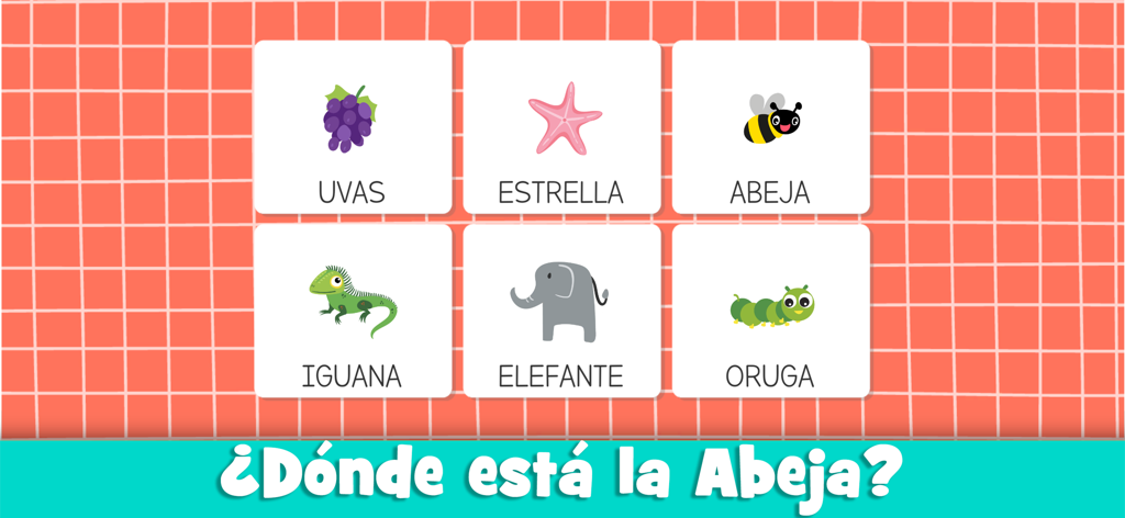Juego educativo en español para que los niños identifiquen palabras de vocabulario con tarjetas que muestran una abeja, un elefante y una estrella