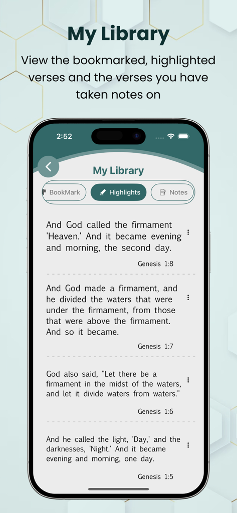 Catholic Jerusalem Bible+Audio - Interfaz que muestra versículos bíblicos marcados y resaltados en la sección Mi Biblioteca de la aplicación Biblia Católica de Jerusalén