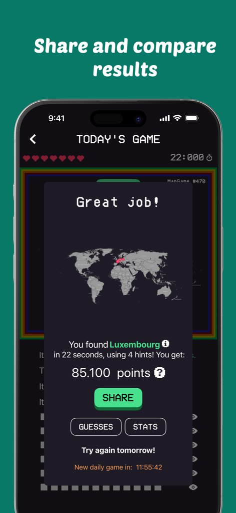 MapGame! - Results screen for MapGame daily challenge showing 85100 points for finding Luxembourg in 22 seconds