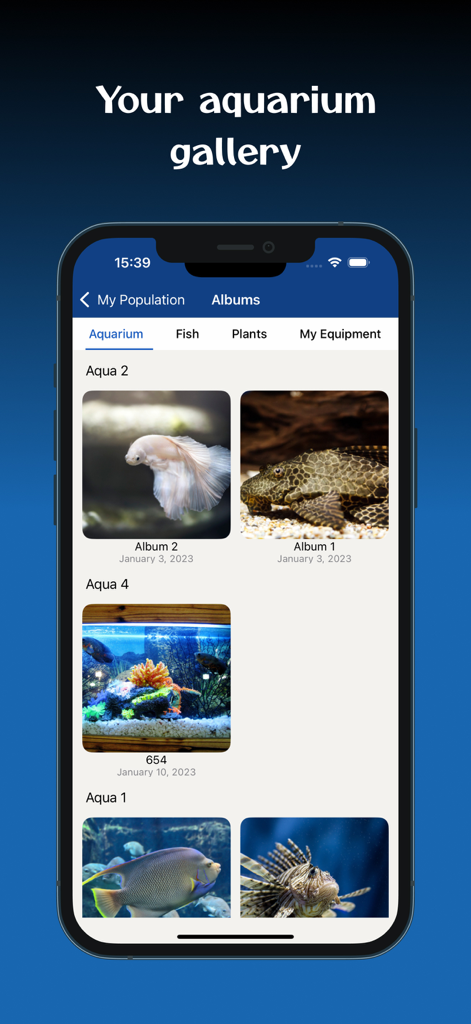 Aquarium Manager: Tank Log - Un écran de galerie de photos dans l'application Aquarium Manager montrant des albums de poissons et d'aquariums.
