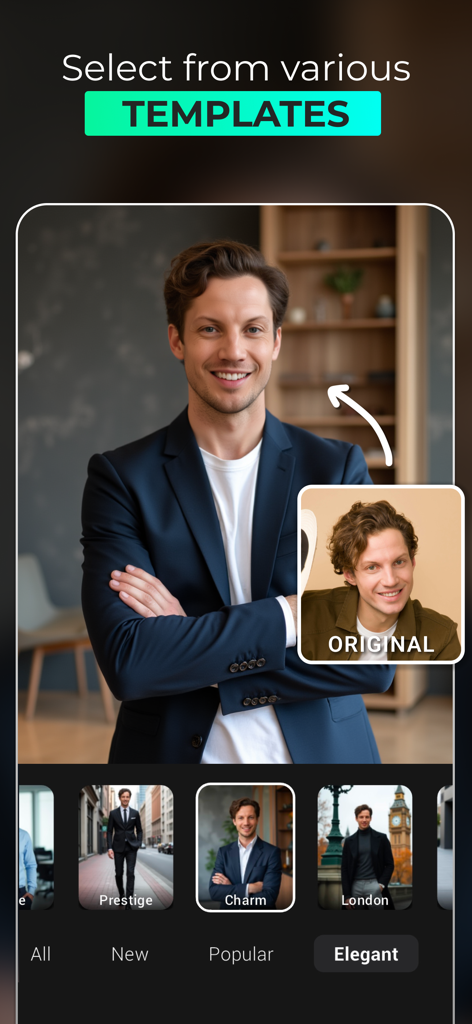 Portraiz AI Headshot Generator - Ein lässiges Selfie eines Mannes, das mit KI-Vorlagen in der Portraiz-App in einen professionellen Anzug-Headshot verwandelt wurde.