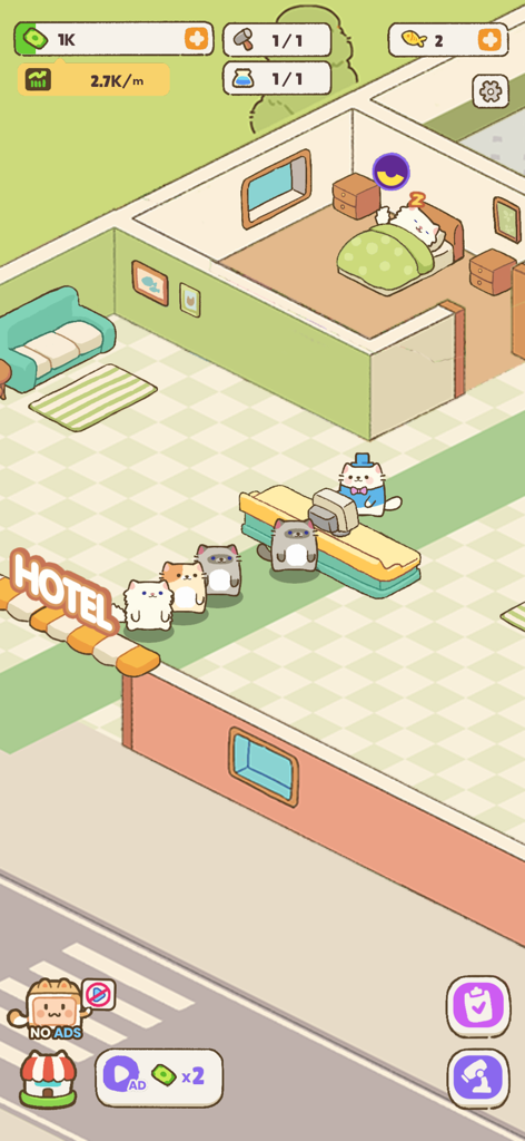 A cozy cat hotel lobby with a queue of cute feline guests checking in at a reception desk