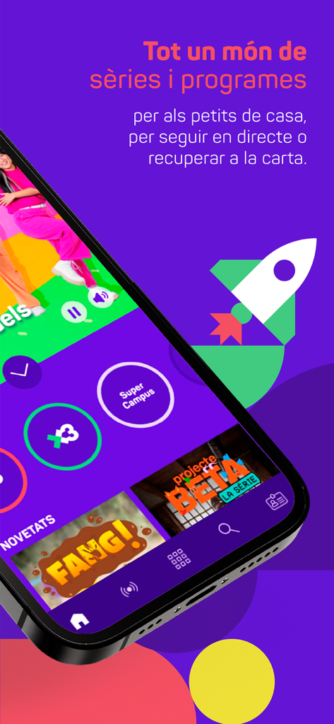 카탈루냐어로 된 다양한 어린이 시리즈 및 프로그램이 있는 SX3 앱 인터페이스를 표시하는 휴대폰 화면