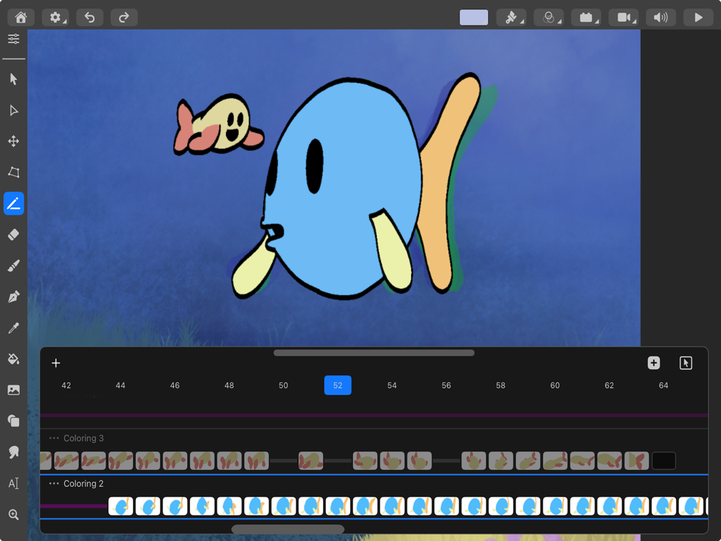 Canvas Software - Animate - Interfaccia di Canvas Software Animate su iPad che mostra un progetto di animazione 2D di un pesce con una timeline fotogramma per fotogramma e strumenti di disegno