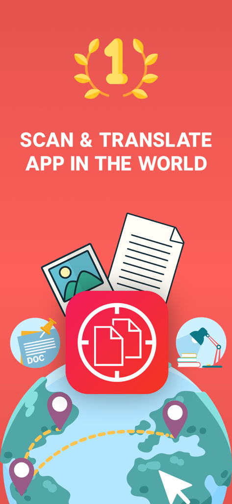Banner promocional para la aplicación número uno de escaneo y traducción con íconos globales y símbolos de documentos