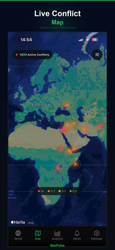 WarPulse - Conflict Tracker - Carte du monde interactive dans l'application WarPulse montrant les conflits mondiaux actifs et les indicateurs de gravité.