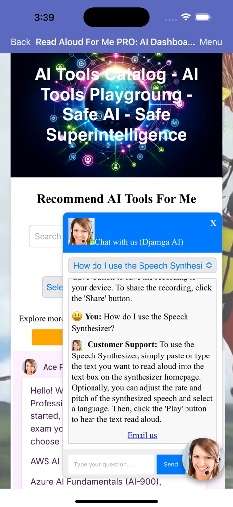 AI tools catalog and support chat window in the Read Aloud PRO app