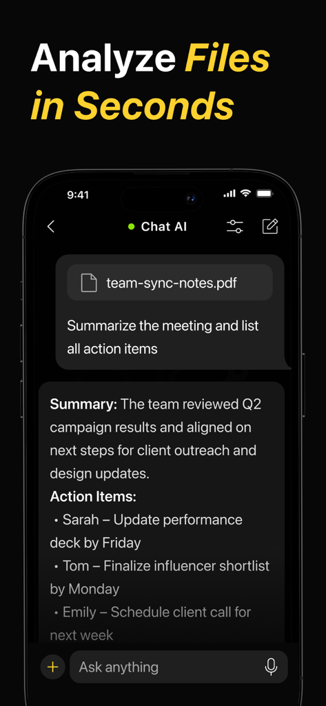 Chat AI Plus - Interfaz de la aplicación móvil Chat AI Plus que muestra un resumen generado por IA y elementos de acción de un documento PDF