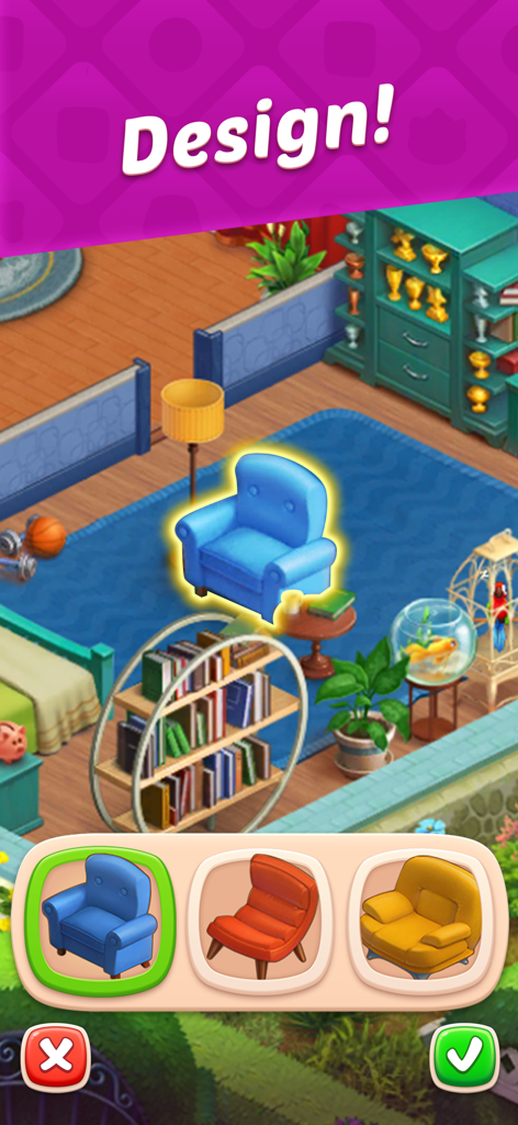 Ein Gameplay-Bildschirm von Homescapes, der Optionen zur Gestaltung eines Raumes durch Auswahl eines blauen Sessels zeigt