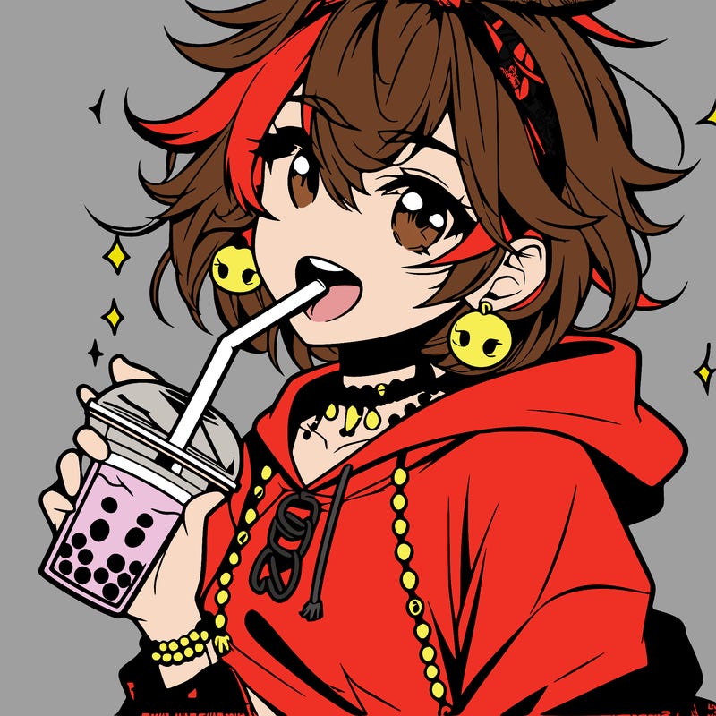 hot baddie anime girl drinking boba and biting the straw