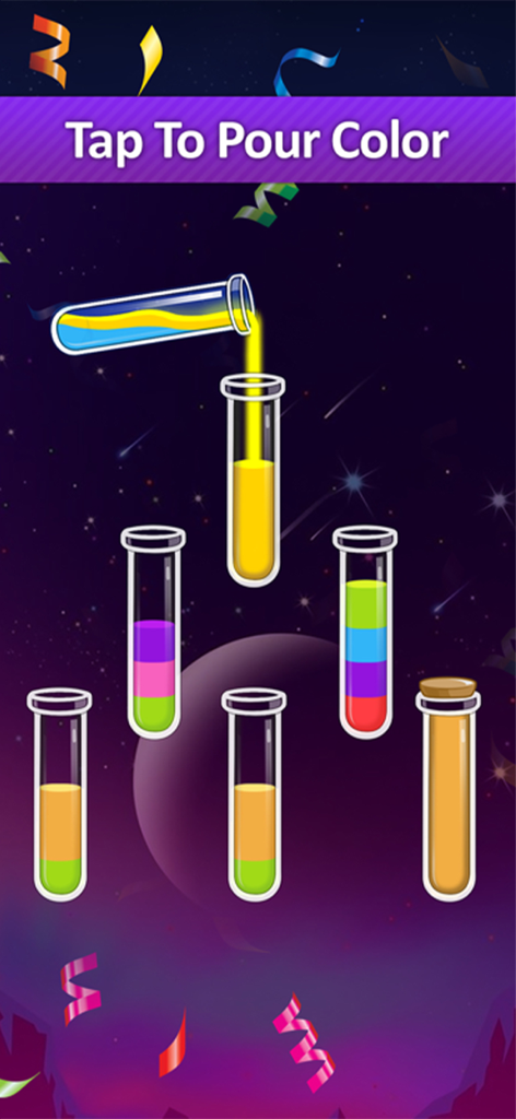 Water Sort Puzzle: Pour Color - Jugabilidad de Water Sort Puzzle mostrando líquido vertiéndose en un tubo de ensayo con un fondo espacial