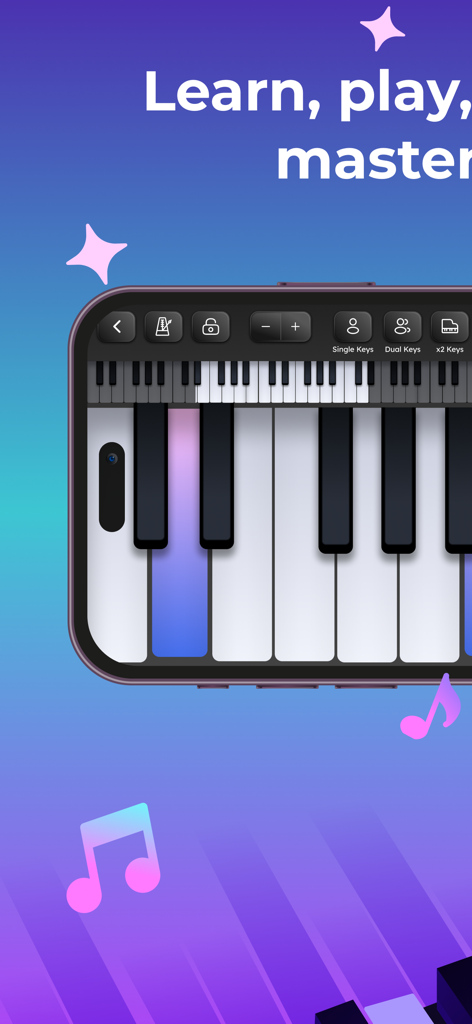Trioplay: Piano - Learn & Game - Interface de teclado de piano virtual em uma tela de celular para aprender e tocar música