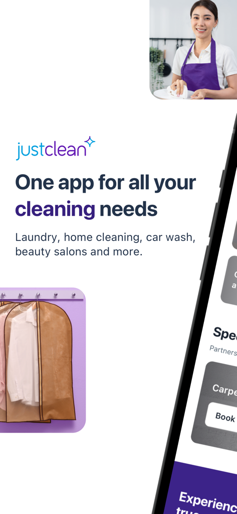 justclean - justclean app promotional screen showcasing home cleaning laundry and beauty services
