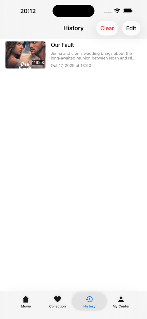 Interface of the History tab in the Cintraily app showing a list of recently viewed movies with their titles and posters.