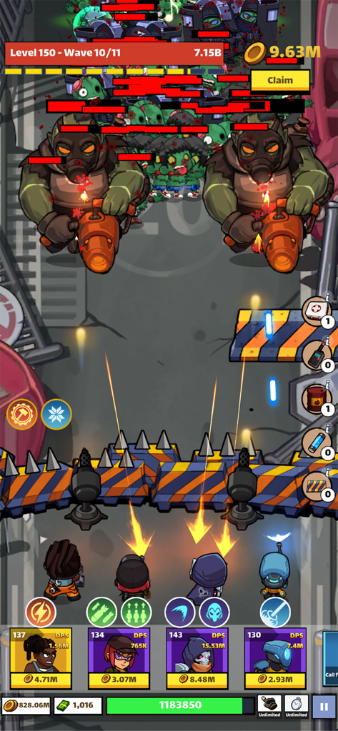 A team of heroes defending a barricade against a wave of zombies and giant bosses in the mobile game Zombie Idle Defense