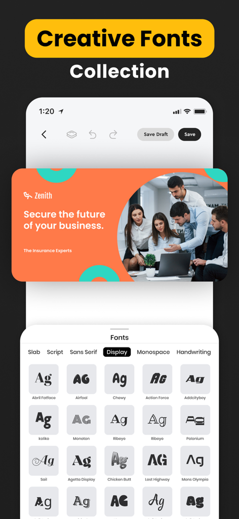 Advertisement Maker, Create Ad - Interface of the Advertisement Maker app showing a collection of creative fonts for customizing business advertisements