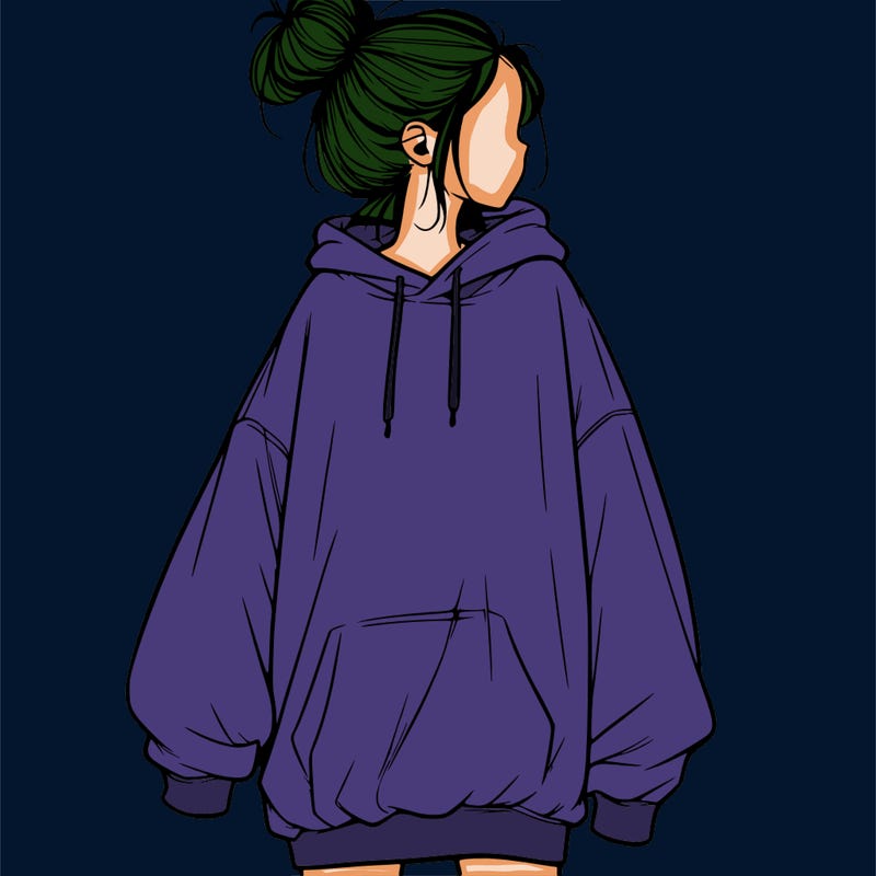 realistic girl with a oversized sweatshirt on and a bun