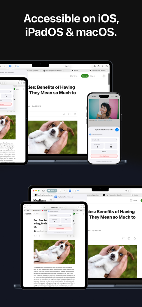 Duplicate Tabs Remover - Duplicate Tabs Remover app interface displayed across iPhone iPad and MacBook devices