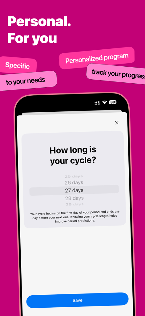 Pantalla de configuración en la aplicación Rastreador de Ovulación y Menstruación pidiendo al usuario que seleccione la duración de su ciclo usando un selector giratorio.