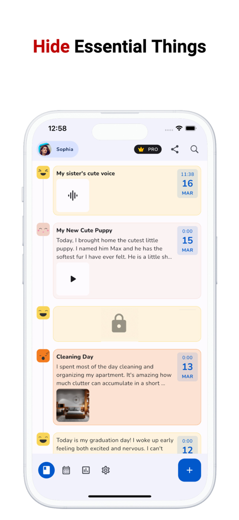 Diary with Lock, Photo, Video - A private diary app timeline showing multimedia entries and a locked post for security.