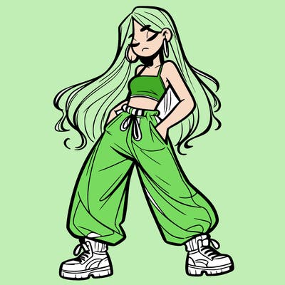 girl in baggy pants crop top and long hair