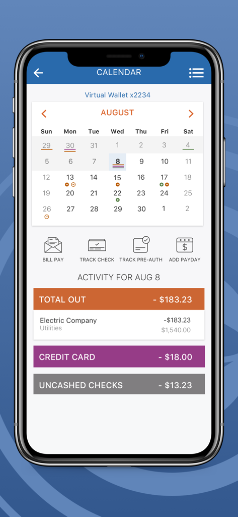 PNC Mobile Banking App-Kalender, der tägliche Ausgaben und Rechnungszahlungsaktivitäten anzeigt.