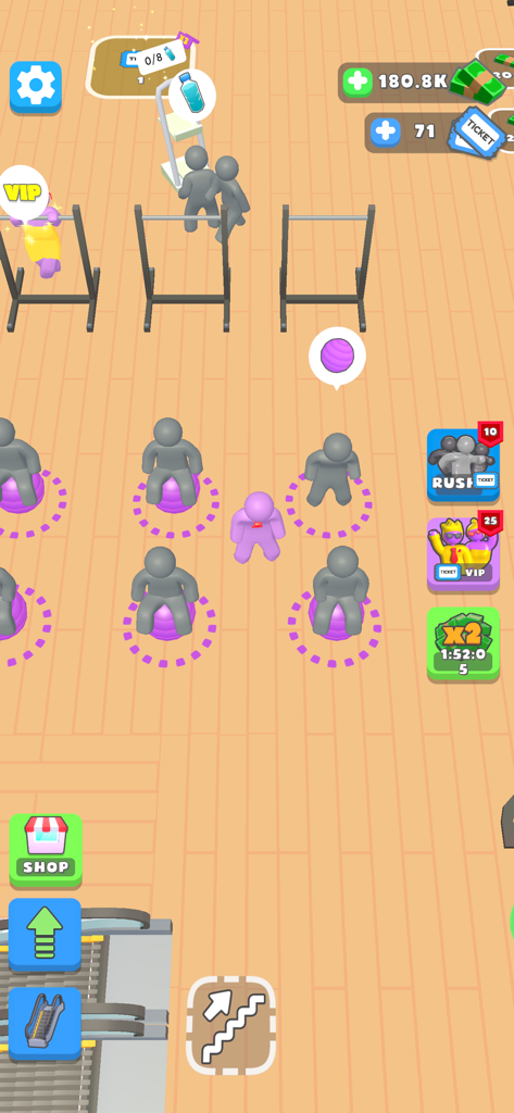 Shopping Mall 3D - Top-down view of a fitness area in the Shopping Mall 3D game showing characters exercising on gym balls and pull-up bars.