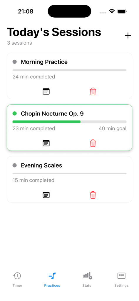 PianoForte: Practice Companion - Lista diaria de sesiones de práctica de piano con barras de progreso y seguimiento del tiempo en la aplicación PianoForte