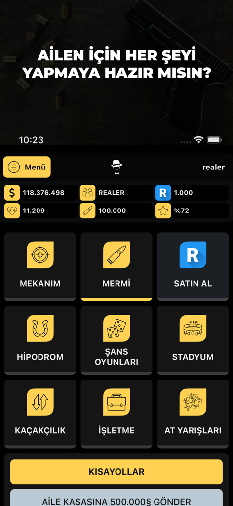 MAFYA - Günahkarlar! - Tela principal do jogo mobile MAFYA Gunahkarlar com vários ícones de estratégia e gerenciamento como contrabando e negócios.