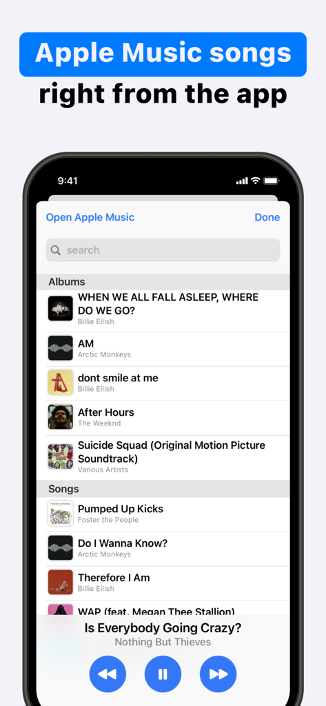 Calisthenics Coachy - Interface de l'application Calisthenics Coachy montrant des playlists Apple Music intégrées et des commandes de lecture pour les entraînements.