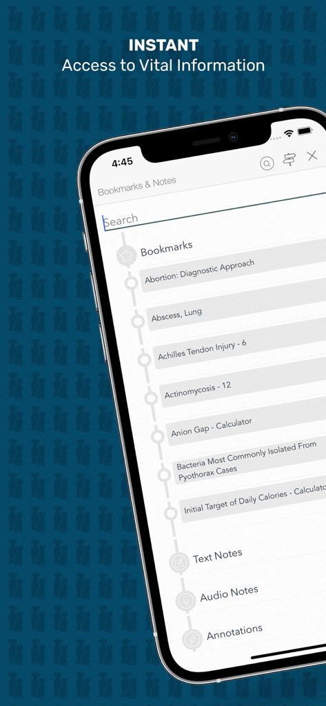 Bookmarks and notes section of the Veterinary Advisor app showing a list of clinical topics and a search bar