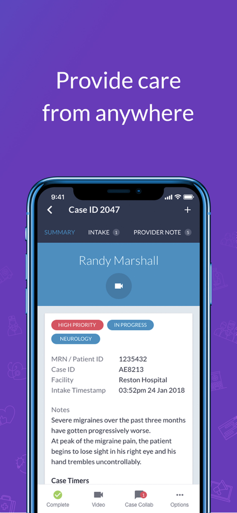 AW Touchpoint - A mobile screen from the AW Touchpoint app showing a high-priority neurology patient case summary with clinical notes.