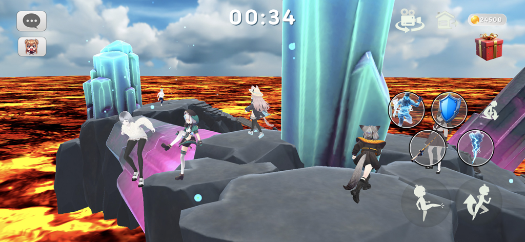 The floor is lava game brawl - Anime-Charaktere springen auf schwebenden Felsen über einem Lavameer in einem Parkour-Kampfspiel