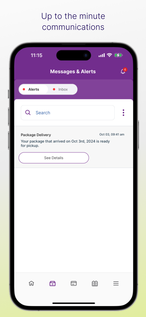 Interfaccia dell'app Portale Residenti Mobile che mostra una notifica di avviso di consegna pacco