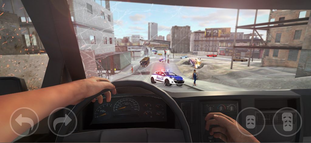 First person driving view inside a car with a police car in front in Mad City Crime