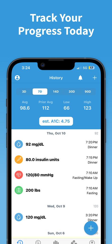Verlauf-Bildschirm einer Glukose-Tracker-App mit Blutzucker-Protokollen und geschätztem HbA1c