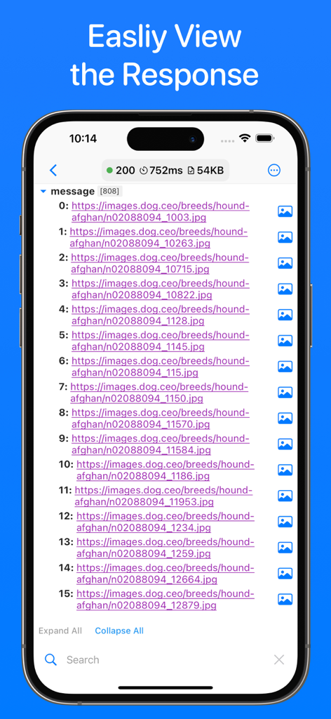 API Bot - API Bot app interface displaying a successful JSON response with a list of image URLs and status details.