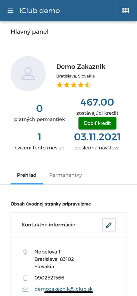 GYM ONE - GYM ONE mobile app dashboard showing user profile credit balance and workout history