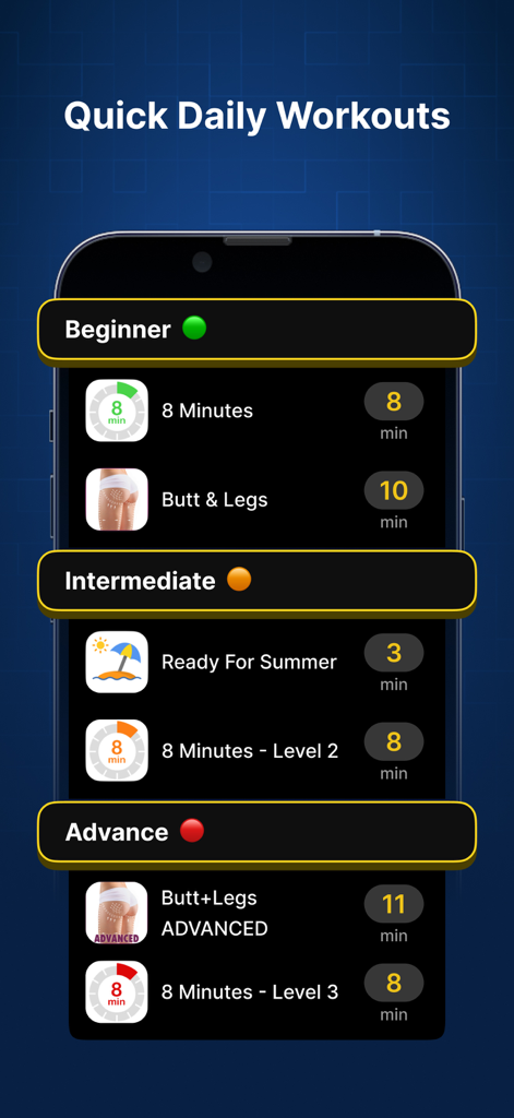 P4P Legify: Leg workout - Interfaz de la aplicación Legify mostrando una lista de rutinas rápidas diarias de piernas y glúteos categorizadas por niveles principiante, intermedio y avanzado