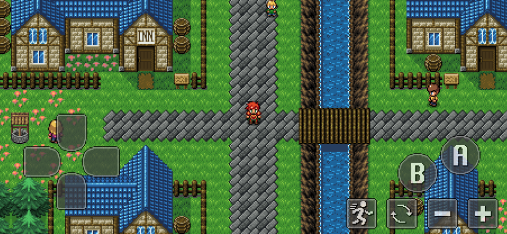 Starlight Legacy - Uma visão 2D de cima para baixo em pixel art de um personagem em uma vila com casas, uma estalagem e um pequeno rio em Starlight Legacy