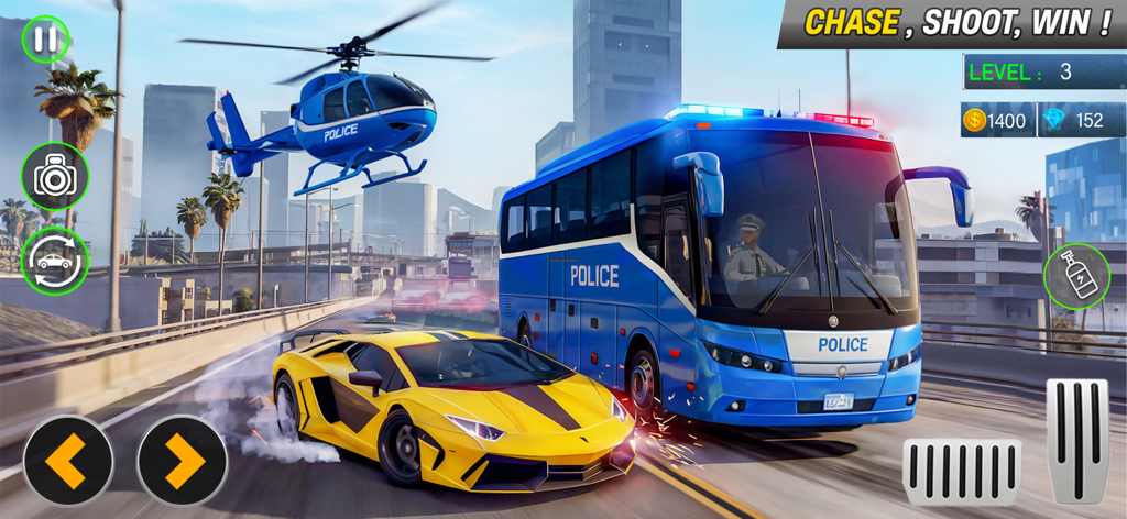 City Police War - Car Games 3D - Un coche deportivo amarillo derrapando en una autopista de la ciudad siendo perseguido por un autobús policial y un helicóptero